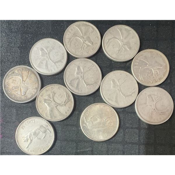 11 Canadian .800 Silver Quarters, 64g, 1.65oz Silver