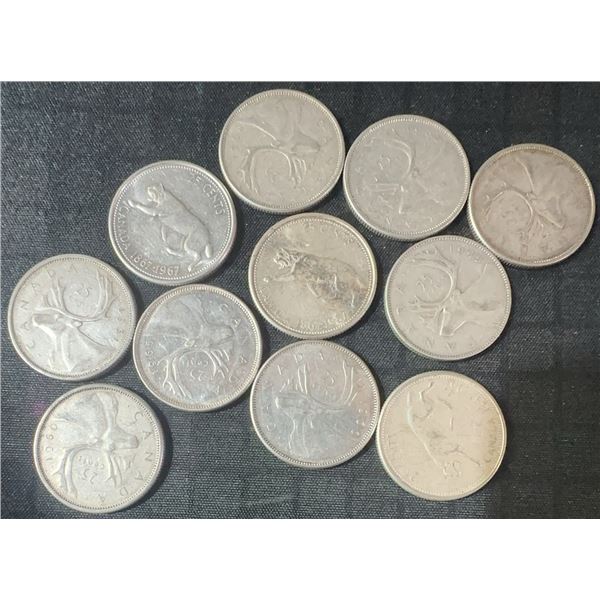 11 Canadian .800 Silver Quarters, 64g Total, 1.65 Troy Oz Silver