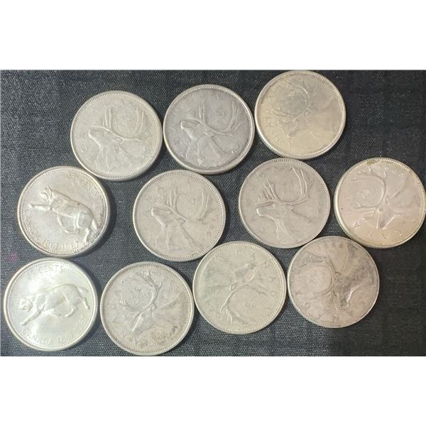 11 Canadian .800 Silver Quarters, 64g Total, 1.65 Troy Oz Silver