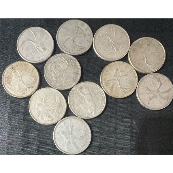 11 Canadian .800 Silver Quarters, 64g Total Weight