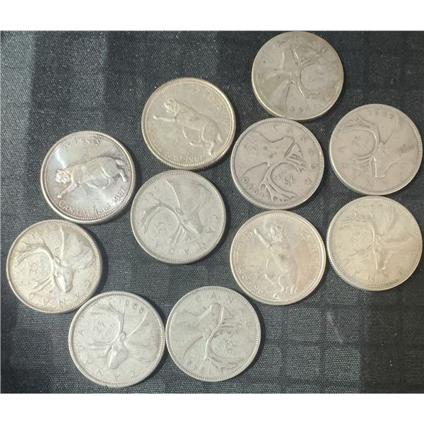 11 Canadian .800 Silver Quarters, 64g Total, 1.65 Troy Ounces