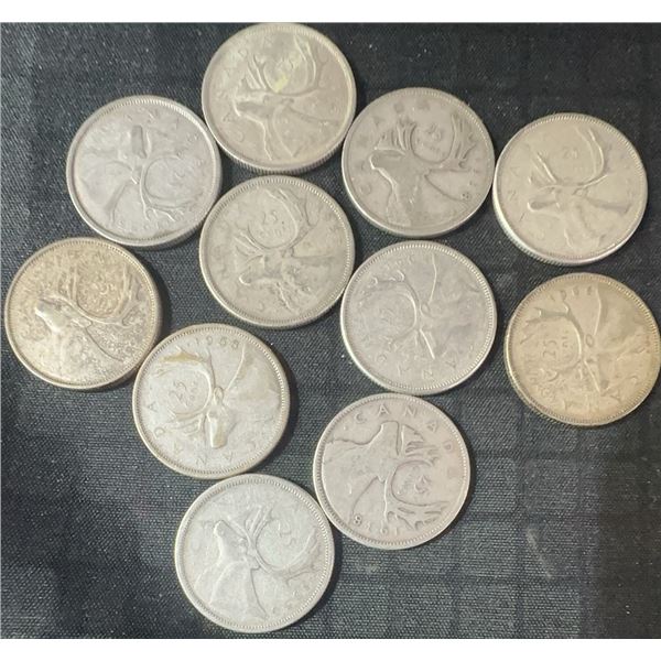 11 Canadian .800 Silver Quarters, 1.65 Troy Oz, 64g Total