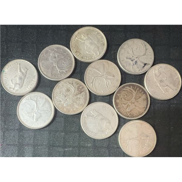 11 .800 Silver Canadian Quarters, 64g, 1.65oz Silver