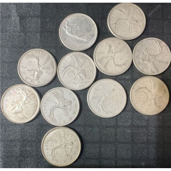 11 Canadian .800 Silver Quarters, 64g Total