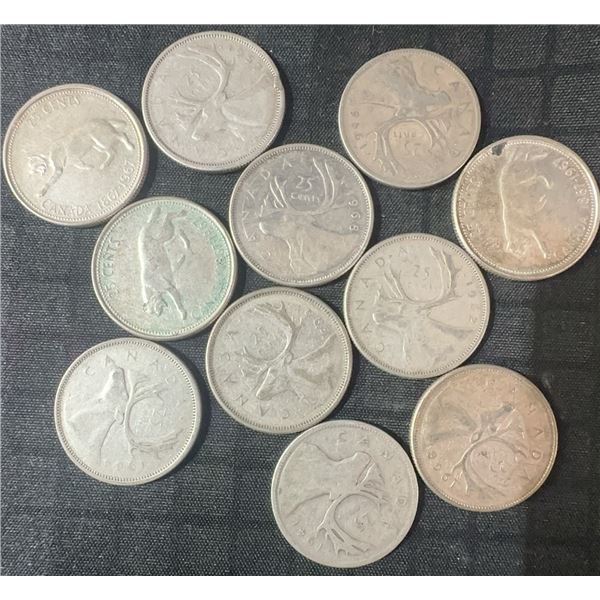 11 Canadian .800 Silver Quarters, 64g, 1.65 Troy Oz Silver