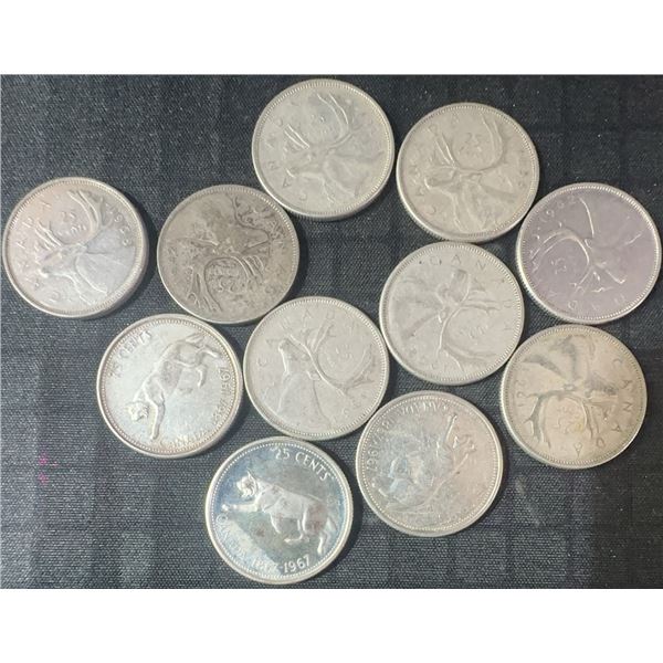 11 Canadian .800 Silver Quarters, 64g Total Weight