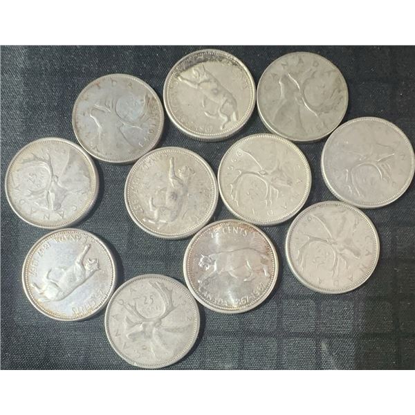 11 Canadian .800 Silver Quarters, 64g Total, 1.65 Troy Ounces