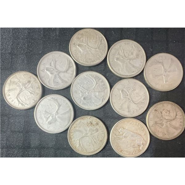 11 Canadian .800 Silver Quarters, 64g Total, 1.65 Troy Oz Silver
