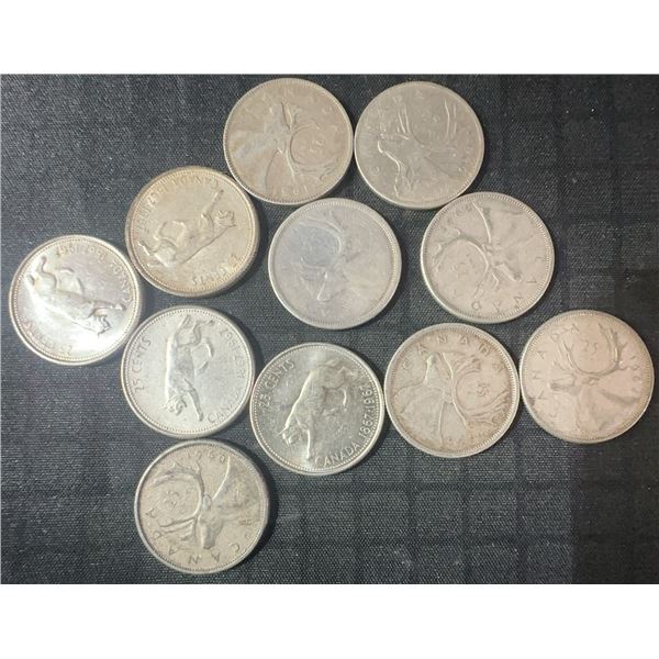 11 Canadian .800 Silver Quarters, 64g, 1.65 Troy Ounces Total