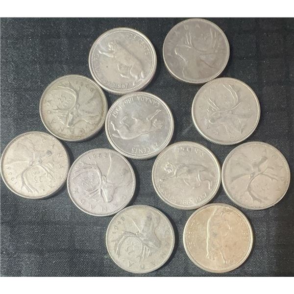 11 Canadian .800 Silver Quarters, 64g Total Weight