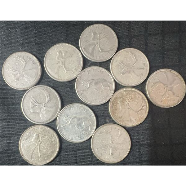 11 Canadian .800 Silver Quarters, 64g Total, 1.65 Troy Ounces