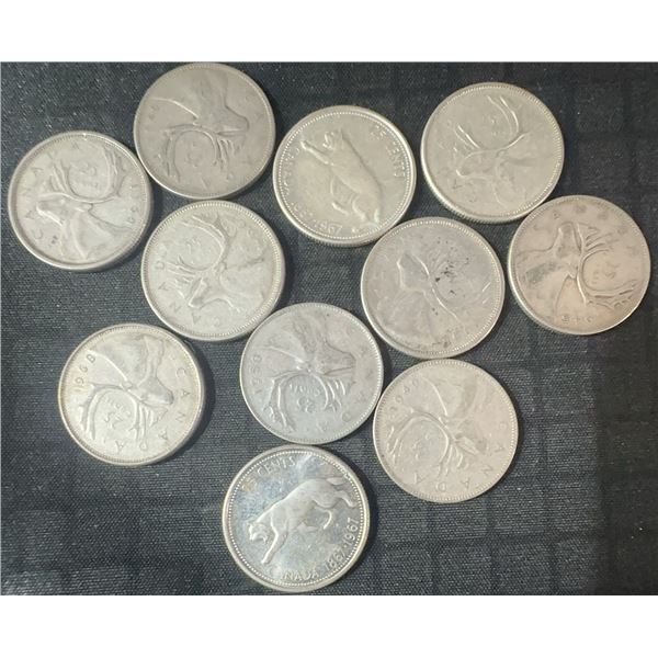 11 Canadian .800 Silver Quarters, 64g Total Weight