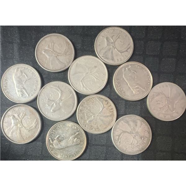 11 Canadian .800 Silver Quarters, 64g, 1.65 Troy Oz Silver