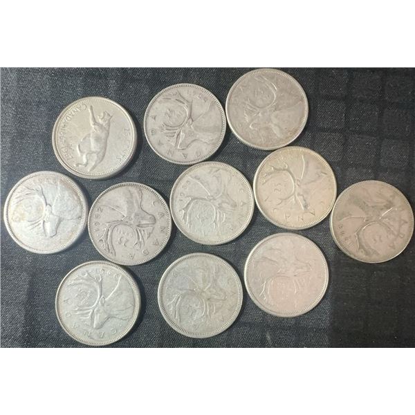 11 Canadian .800 Silver Quarters, 64g Total
