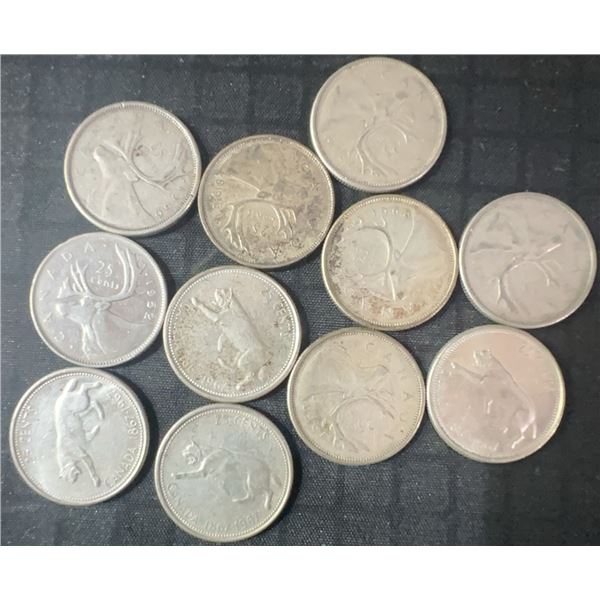 11 Canadian .800 Silver Quarters, 64g Total, 1.65 Troy Oz Silver