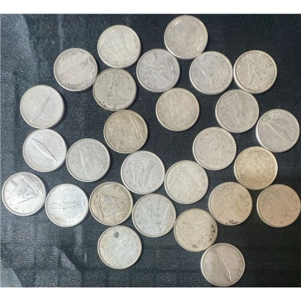27 Canadian .800 Silver Dimes, 63g, 1.62 Troy Ounces Silver