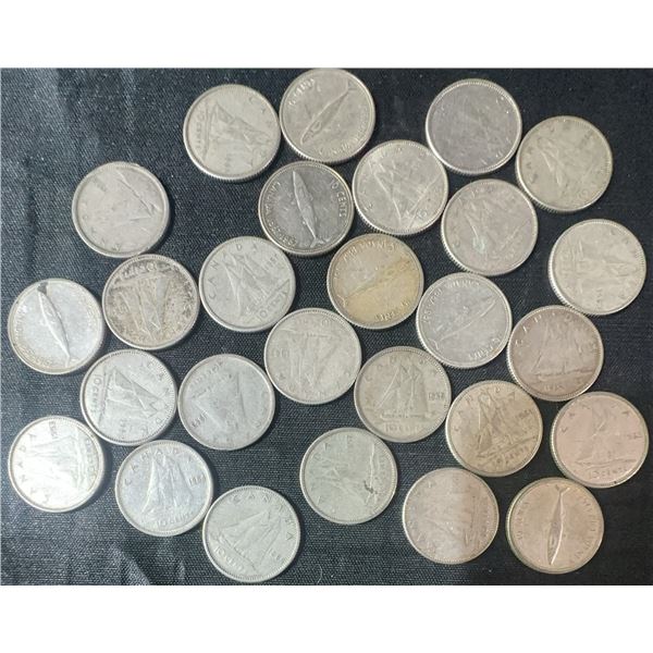 27 Canadian .800 Silver Dimes, 63g Total, 1.62 Troy Ounces Silver