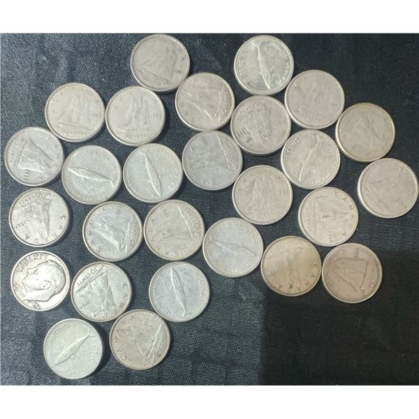 27 Canadian .800 Silver Dimes, 63g Total, 1.62 Troy Oz Silver