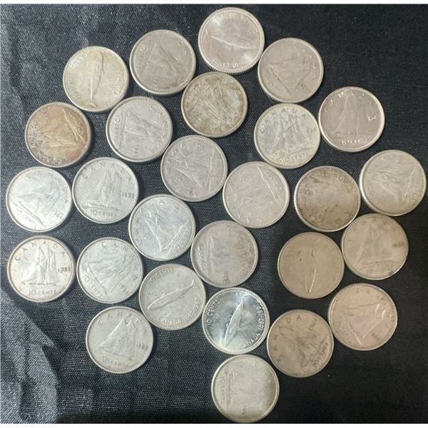 27 Canadian .800 Silver Dimes, 63g Total, 1.62 Troy Ounces