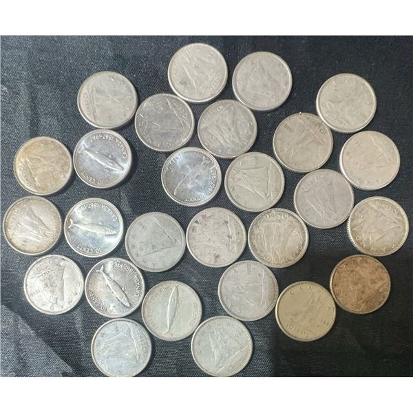 27 Canadian .800 Silver Dimes, 63g Total (1.62 Troy Oz)
