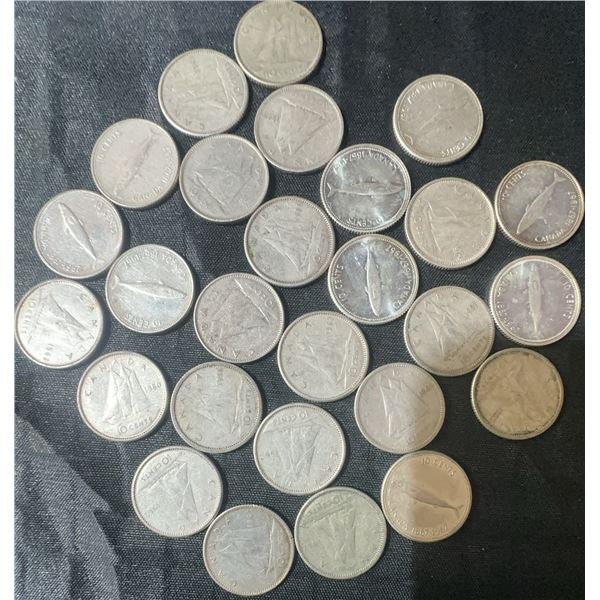 27 Canadian .800 Silver Dimes, 63g Total, 1.62 Troy Oz Silver