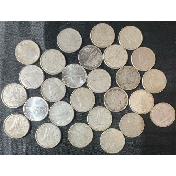27 Canadian .800 Silver Dimes, 63g, 1.62 Troy Ounces Silver