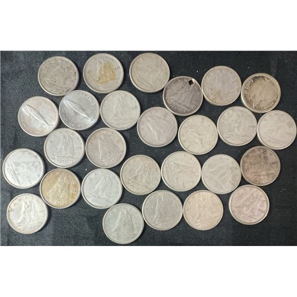 27 Canadian .800 Silver Dimes, 63g Total, 1.62 troy oz