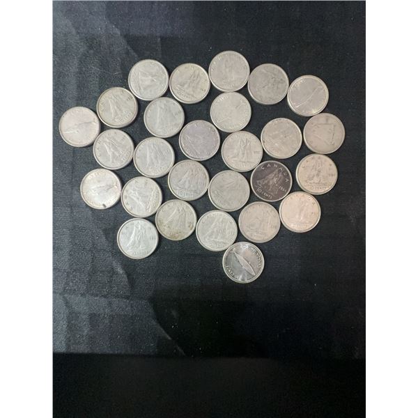27 Canadian .800 Silver Dimes, 63g, 1.62 Troy Oz Silver