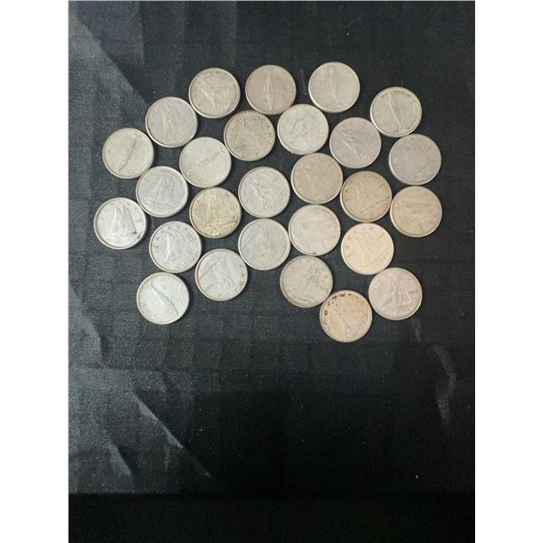 27 Canadian .800 Silver Dimes, 63g, 1.62 Troy Oz Total Weight