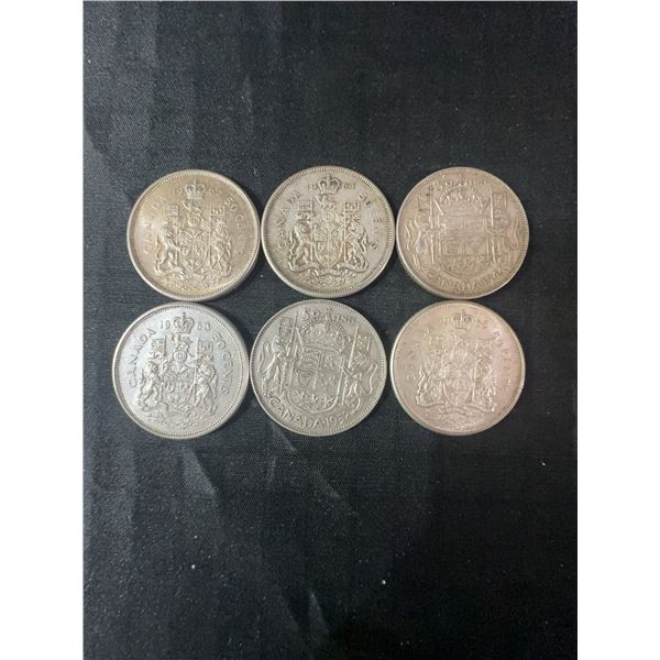 6 Canadian .800 Silver Half Dollars, 70g Total Weight