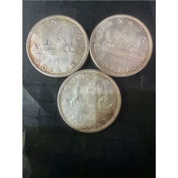 Three 1965 .800 Silver Canadian Dollar Coins, 70g Total