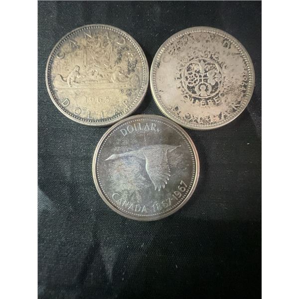 Three .800 Silver Canadian Dollar Coins, 1965, 1966, and 1967, 70g