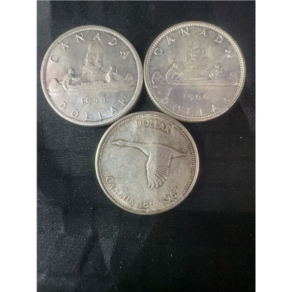 3 .800 Silver Canadian Dollar Coins, 1959, 1966, 1967, 70g