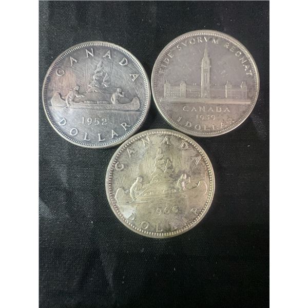 3 Canadian .800 Silver Dollar Coins, 1952, 1953, 1966, 70g Total