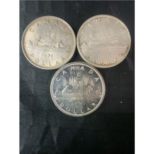 3 Canadian .800 Silver Dollar Coins, 1936, 1963, 1965, 70g