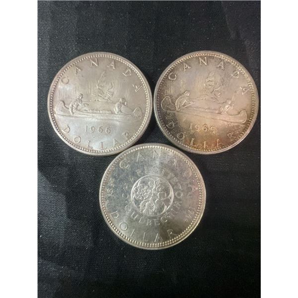 3 Canadian .800 Silver Dollar Coins, 1965, 1966, Quebec, 70g