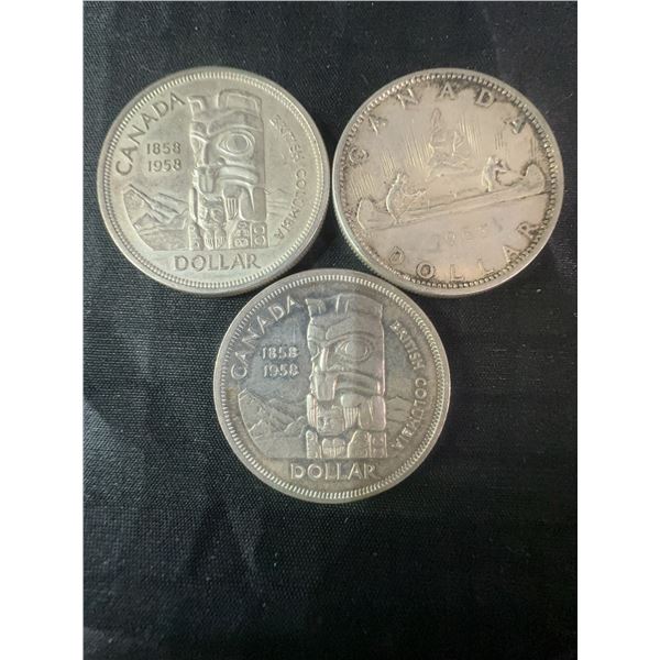 3 .800 Silver Canadian Dollar Coins, 70g, 1858-1958 & 1958 Designs