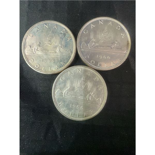 Three 1966 .800 Silver Canadian Dollar Coins, 70g Total Silver