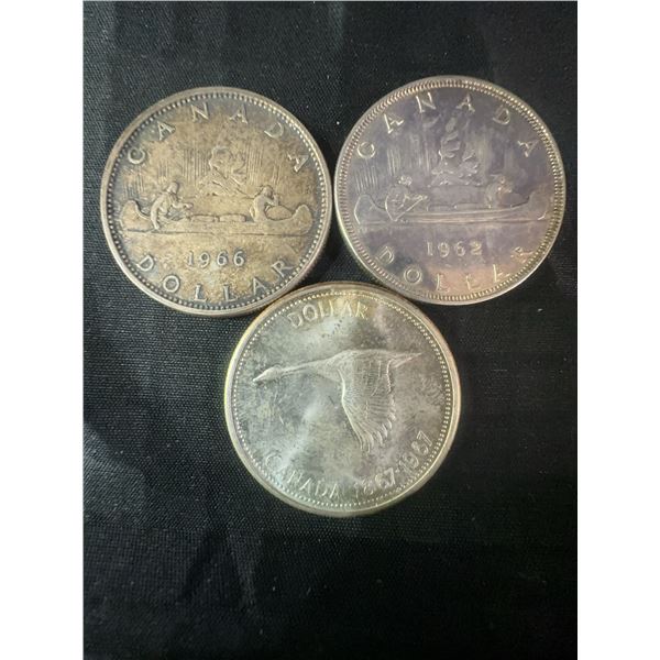3 Canadian .800 Silver Dollar Coins, 1962, 1966, 1967, 70g