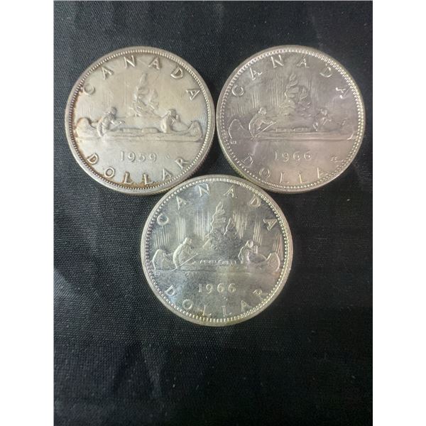 3 .800 Silver Canadian Dollar Coins, 1959 & 1966, 70g