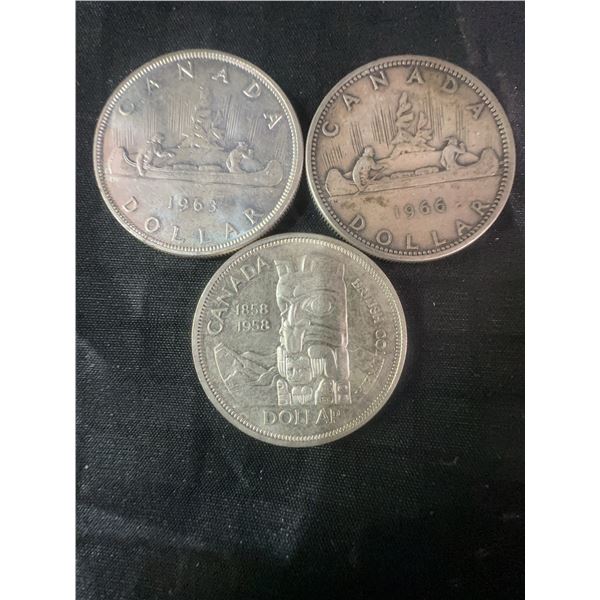 3 Canadian Silver Dollars, 1965/1966/1958, .800 Silver, 70g