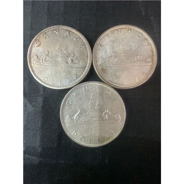 Three .800 Silver Canadian Dollar Coins, 1963 and 1965, 70g Total