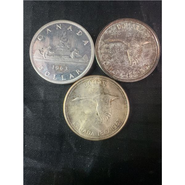 3 .800 Silver Canadian Dollar Coins, 1963-1967, 70g Total