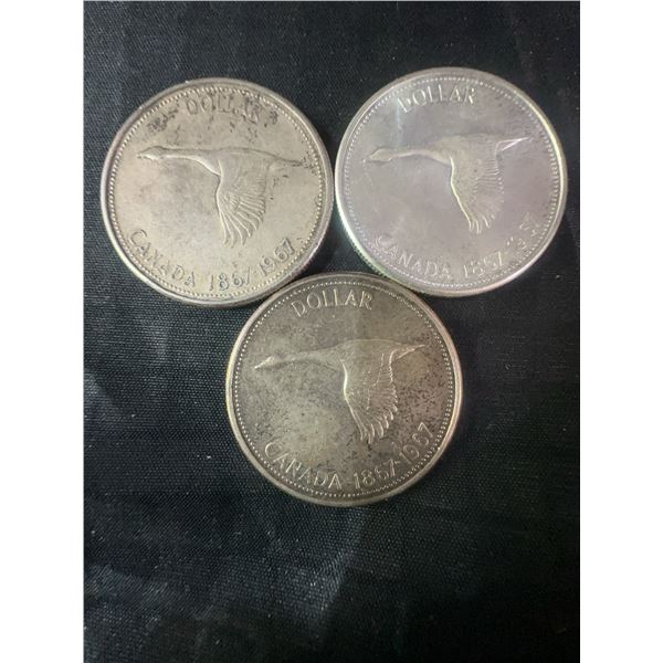 3 Canadian 1867-1967 .800 Silver Dollar Coins, 70g Total