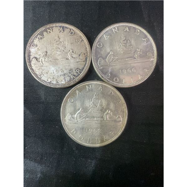 Three .800 Silver Canadian Dollar Coins, 1962 and 1965, 70g Total