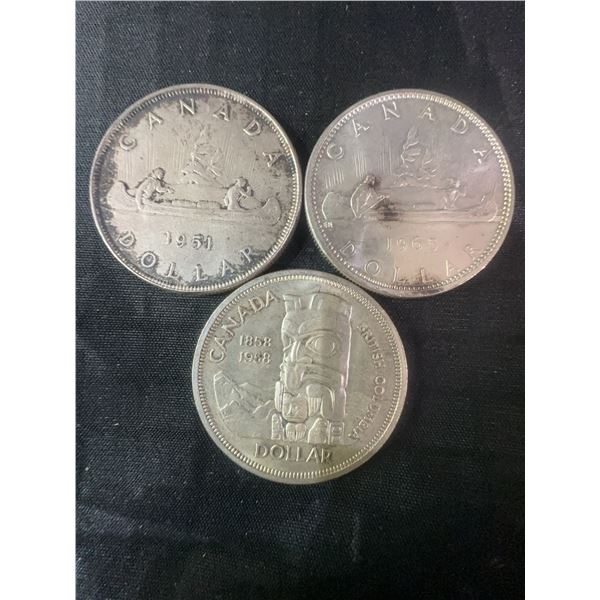 3 Canadian .800 Silver Dollar Coins 1951 1965 1968, 70g Total Weight
