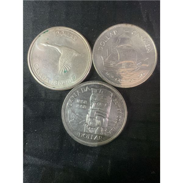 3 Canadian .800 Silver Dollars, 1867-1967, 1958, 1935, 70g Total