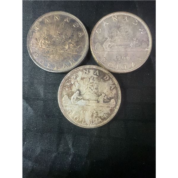 Three Canadian .800 Silver Dollar Coins, 1965-1966, 70g