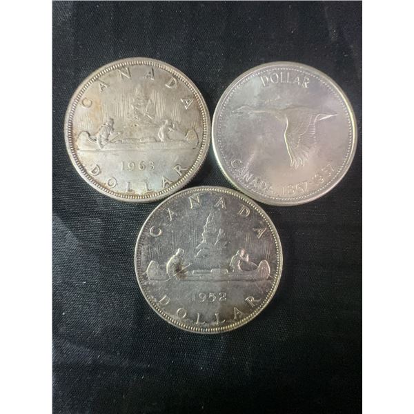 3 Canadian .800 Silver Dollar Coins, 1952–1967, 70g Total Weight