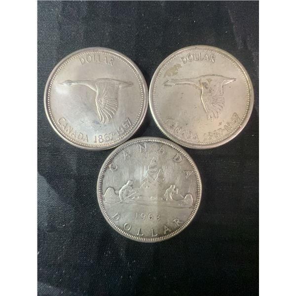 3 Canadian .800 Silver Dollar Coins, 1963 and Centennial 1967, 70g